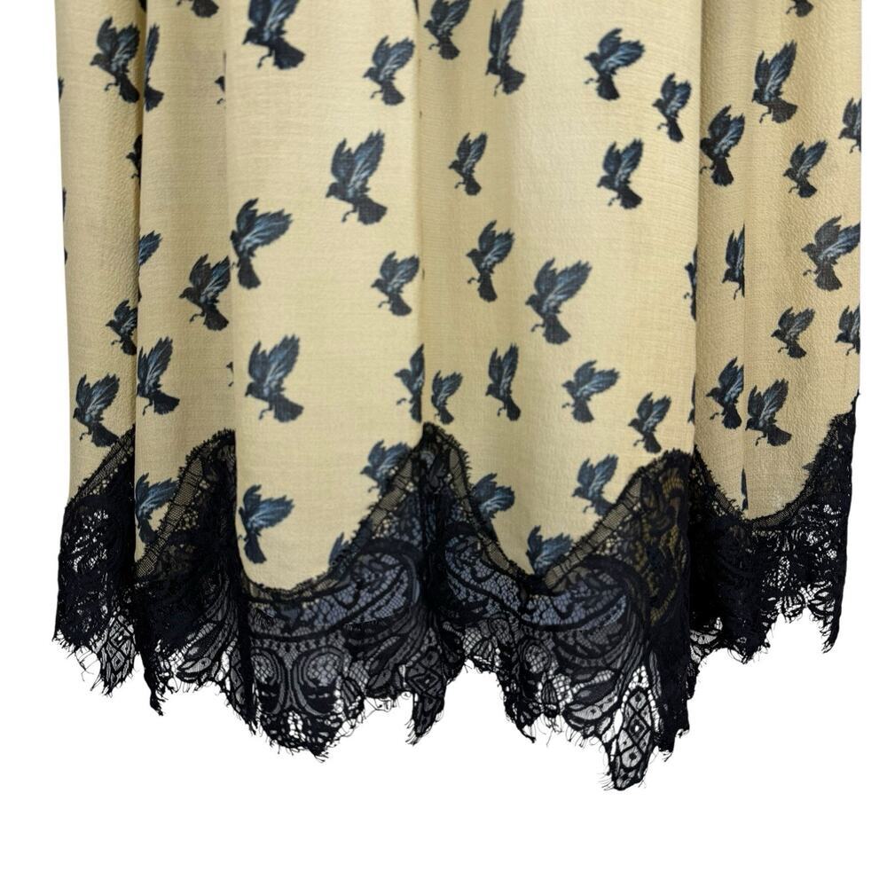 Max Studio Top Women Tan Black Lace Trim Crow Print Whimsigoth Witchy Boho Sheer - Picture 4 of 13